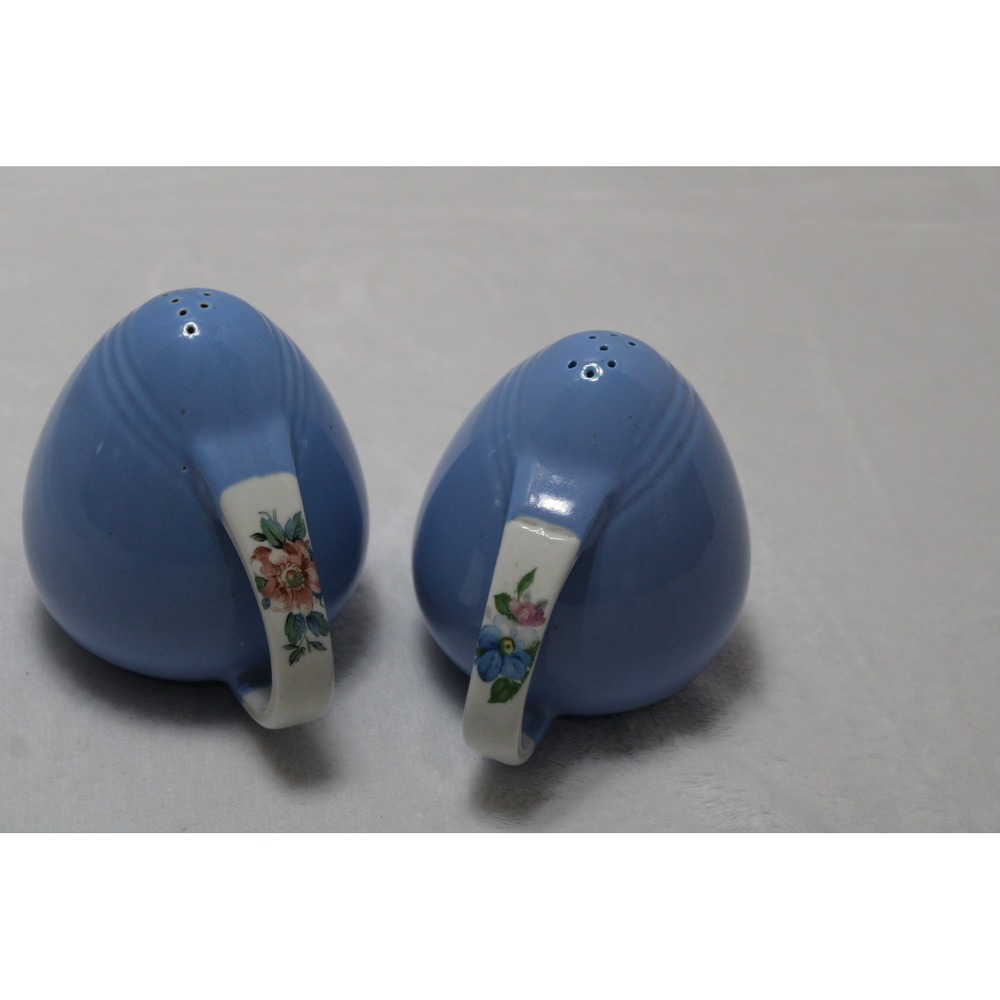 Vintage Blue Floral Ceramic Salt and Pepper Shakers with Handles Cork Stoppers